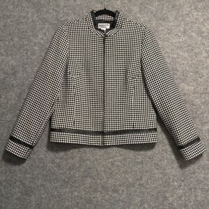 Pendleton Jacket Womens Size 10 Black White Wool Houndstooth Zip Leather Trim